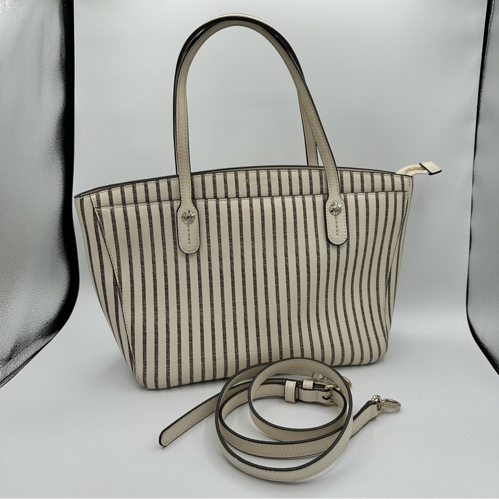 Henri Bendel West 57th Striped Domed Satchel Ivory Grey Stripe Gold Hardware